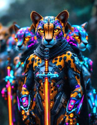 The primary subject of the image is a person wearing a leopard-skinned outfit, standing in front of a group of other people. The person in the leopard-skinned outfit is holding a sword, which is a prominent feature of the scene. The setting appears to be a dark environment, possibly a forest or a nighttime setting. The visual style of the image is a combination of photo and digital art, creating a unique and intriguing atmosphere. The dominant colors in the image are black, orange, and purple, which contribute to the overall mood of the scene.